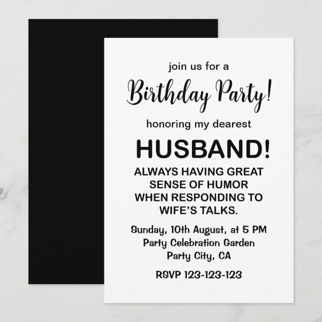 Invitation Citation de mari drôle pour l'anniversaire de mari (Devant / Derrière)