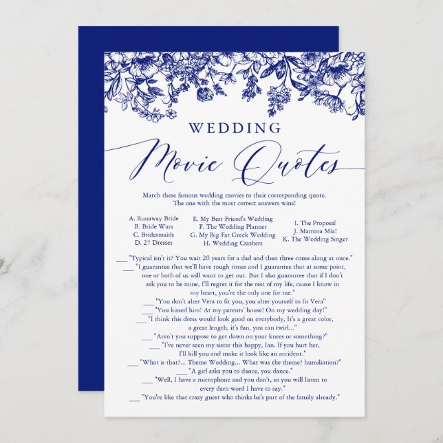 Invitation Citation de Mariage de la marine Blue Floral (Devant / Derrière)