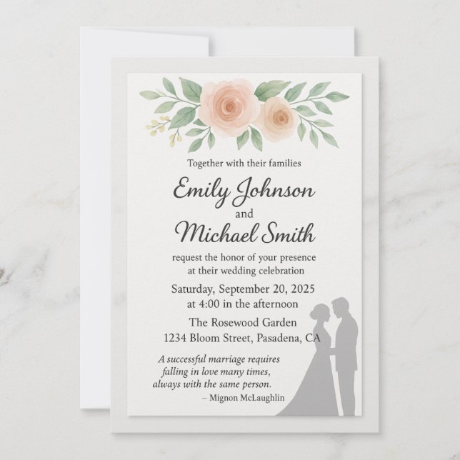 Invitation Citation de mariage romantique avec couple et fleu (Devant)
