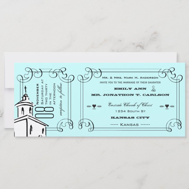 Invitation Citation de typographie Aqua Chapelle Billet Maria (Devant)