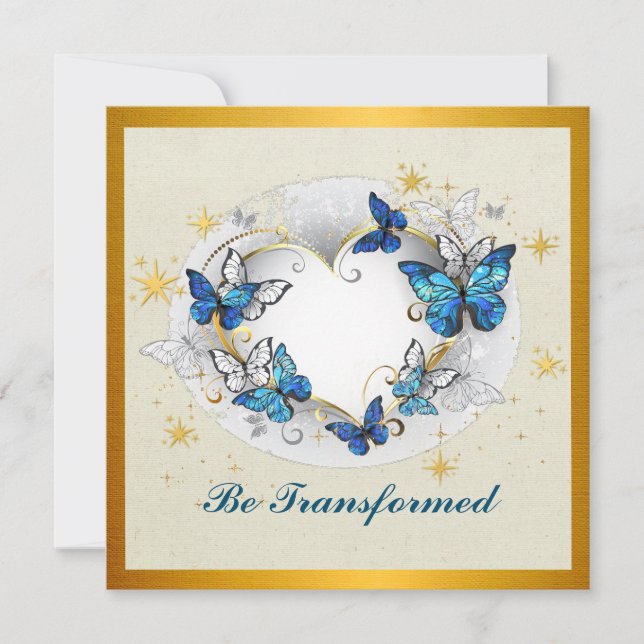 Invitation Citation Être Transformé Cœur et Papillons Bleus (Devant)