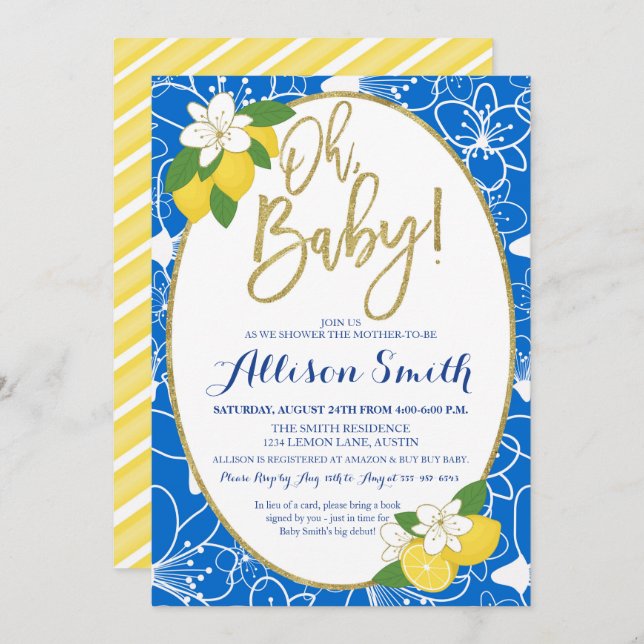 Invitation Citron Baby shower bébé Garçon bleu jaune or (Devant / Derrière)