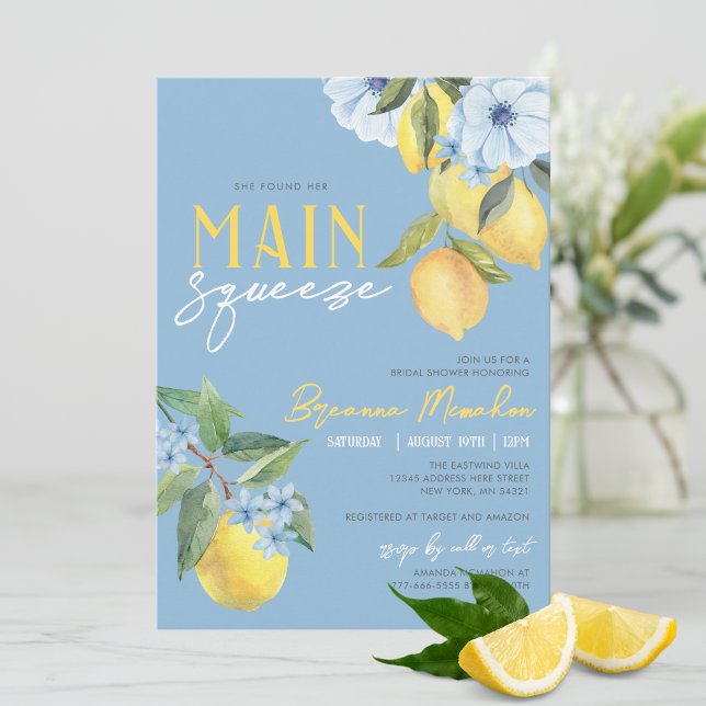 Invitation Citron Bleu A Trouvé Sa Fête des mariées De Squeez (Beautiful Blue Watercolor Lemon She Found Her Main Squeeze Bridal Invitations)