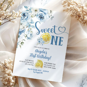 Invitation Citron bleu floral sucré un premier anniversaire