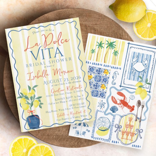 Invitation Citron bleu italien La Dolce Vita Fête des mariées (Vintage Italian La Dolce Vita lemons bows coastal chic seaside mediterranean tiles bridal shower)