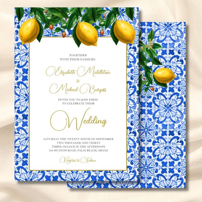 Invitation Citron Botanique Italien Carrelage Bleu Mariage (Créateur téléchargé)