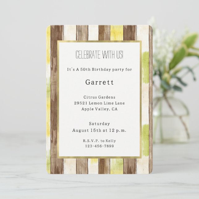 Invitation Citron Citrus Jaune Citron Vert Faux Bois Rayé Ann (Debout devant)