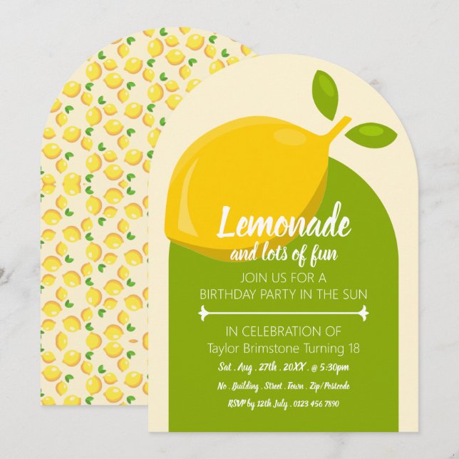 Invitation Citron design, Lemonade et beaucoup d'Anniversaire (Devant / Derrière)