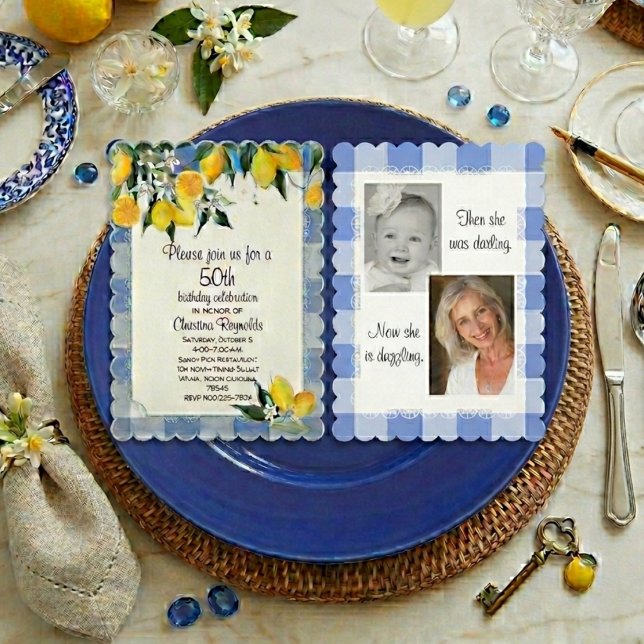 Invitation Citron et Vichy Bleu 50e Anniversaire (Créateur téléchargé)
