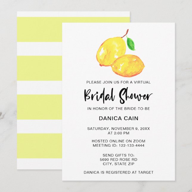 Invitation Citron Fête des mariées virtuel en ligne Élégant s (Devant / Derrière)