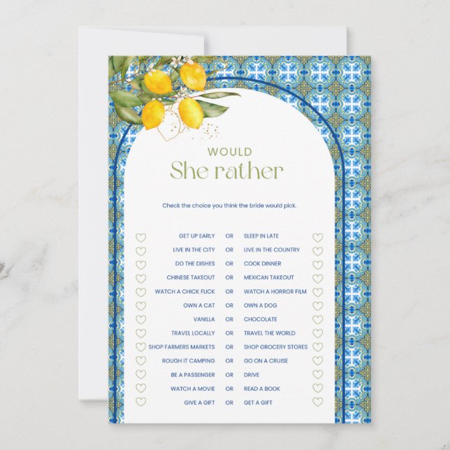 Invitation Citron Fête des mariées Voudrait-Elle Plutôt Game  (Devant)
