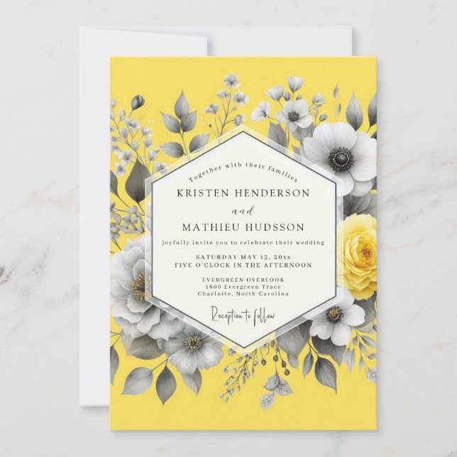 Invitation Citron Graphite Flora Mariage (Devant)