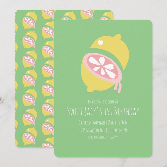 Invitation Citron jaune avec joyeux anniversaire doux cœur (Devant / Derrière)