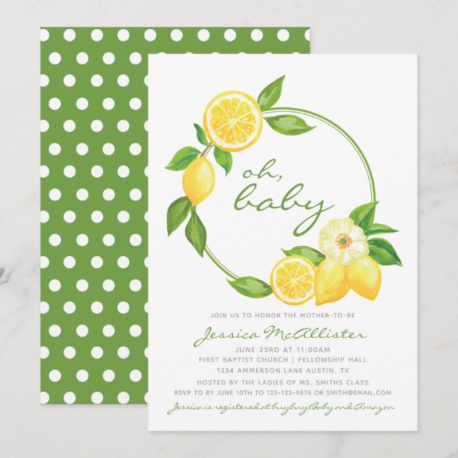 Invitation Citron jaune Citrus vert Polkadot Baby shower (Devant / Derrière)