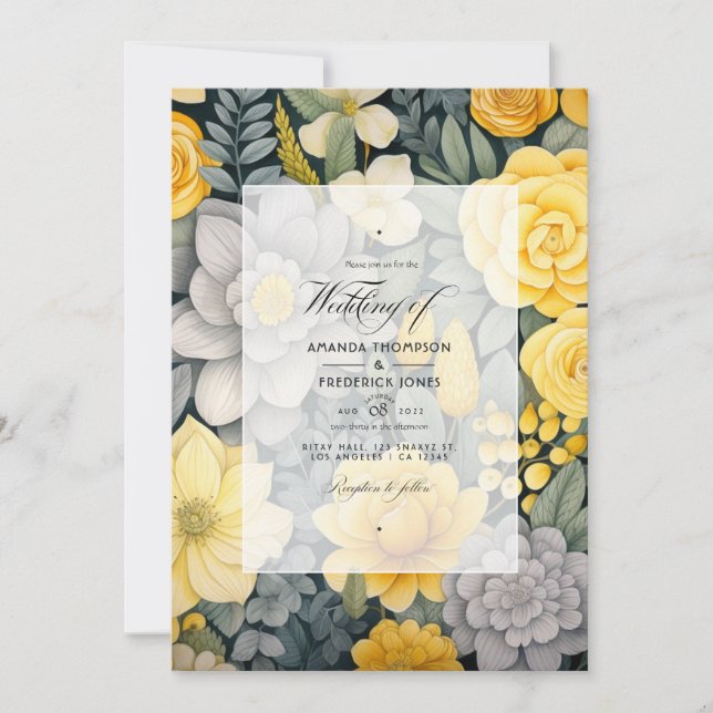 Invitation Citron jaune, gris orageux et gris clair Mariage (Devant)