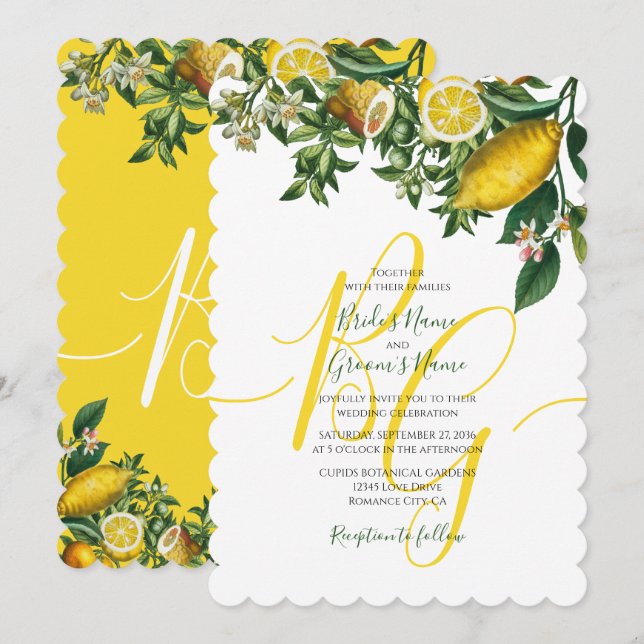 Invitation Citron jaune rustique et feuillage Mariage de verd (Devant / Derrière)