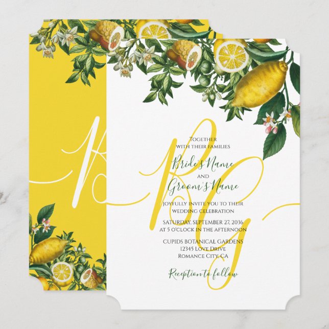 Invitation Citron jaune rustique et feuillage Mariage de verd (Devant / Derrière)