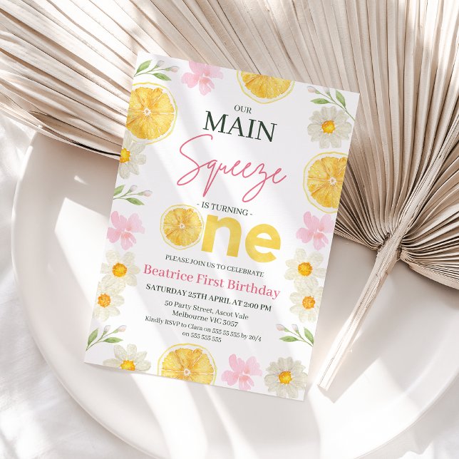 Invitation Citron Jaune Slices Notre principale Squeeze 1er a (Main Squeeze 1st Birthday Invitation Baby Girl, Lemon Themed 1st Birthday Invitation Template Summer)