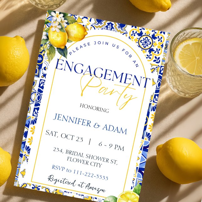 Invitation Citron Méditerranée Carreaux bleus (Lemon Mediterranean Blue Tiles Engagement Party Invitation)