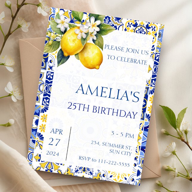 Invitation Citron méditerranéen carreaux Amalfi Anniversaire  (Mediterranean Lemon Amalfi Tiles Italian Birthday Invitation)