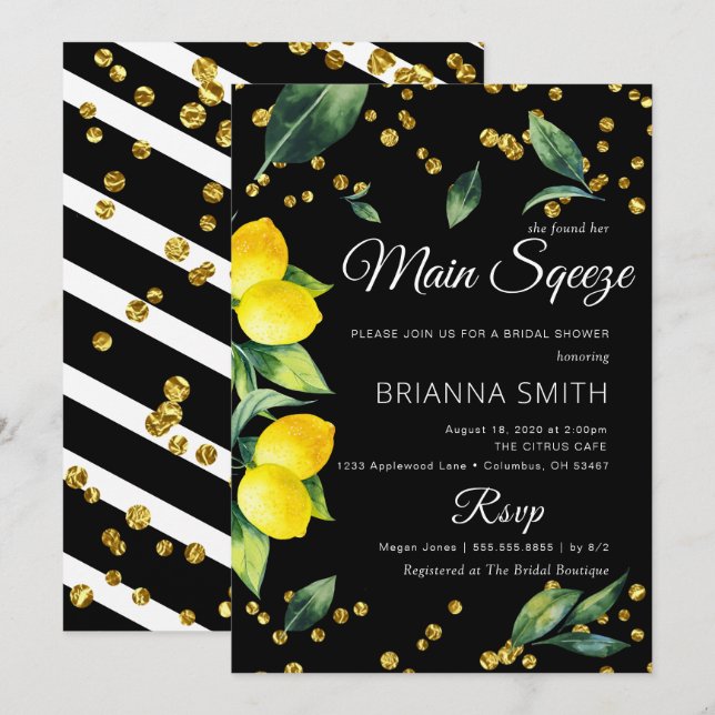 Invitation Citron Noir Thème Élégant Douche nuptiale Invitati (Devant / Derrière)