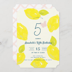 Invitation Citron peint à la main et Fille chèque rose Annive