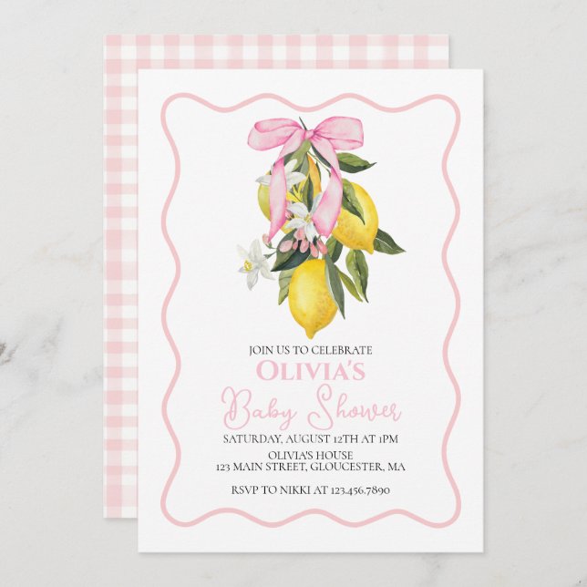 Invitation Citron Pink Bow preppy baby shower Coquette (Devant / Derrière)