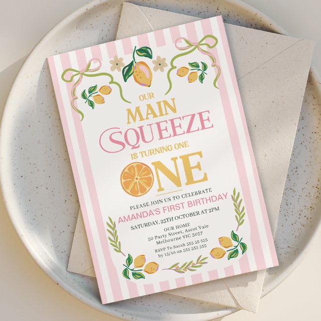 Invitation Citron rose blanc Squeeze principal 1er anniversai (Lemon Main Squeeze 1st Birthday Invitation Template, Main Squeeze 1st Birthday Invite, Whimsical)