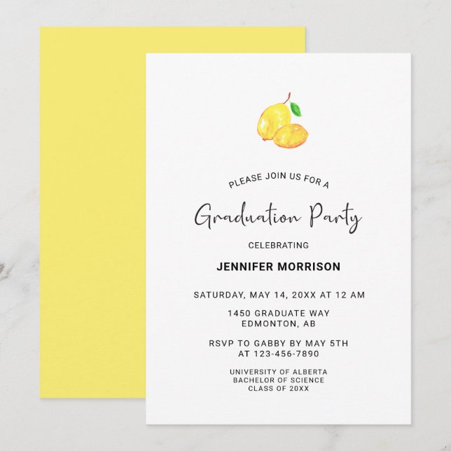 Invitation Citron Thème Graduation Party Boho Modern Chic (Devant / Derrière)