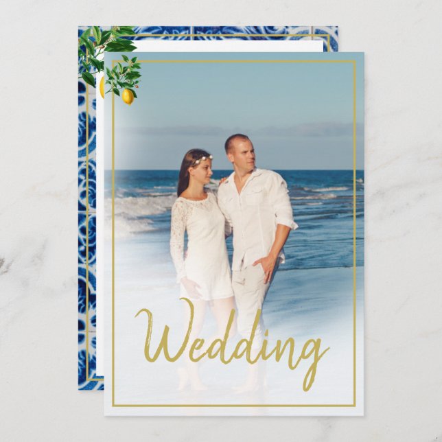 Invitation Citron Toscan Carrelage bleu blanc Photo Mariage (Devant / Derrière)