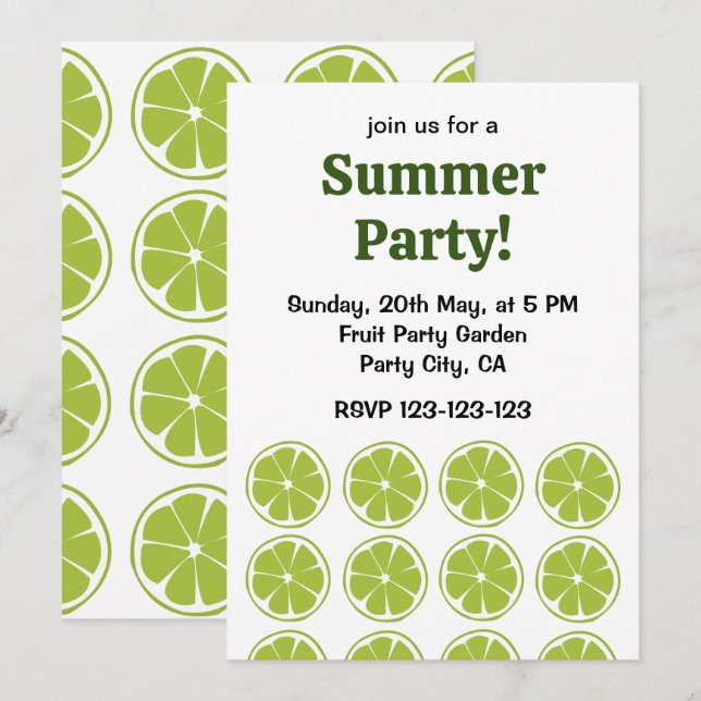 Invitation Citron Vert Fruit Lime Party d'Été (Devant / Derrière)