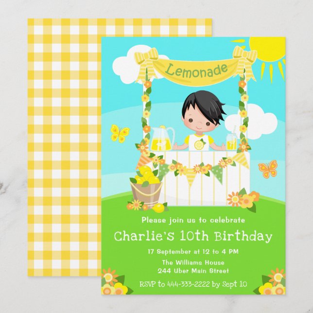 Invitation Citronade Stand Birthday Black Hair Boy (Devant / Derrière)