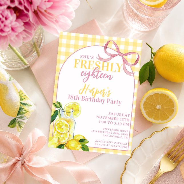 Invitation Citronnade Rose Jaune Mignon Gingham Fraîchement A (Créateur téléchargé)