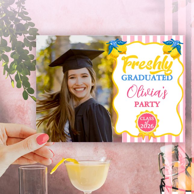 Invitation Citronnade Rose Photo & Code QR de Diplômé Récent (Créateur téléchargé)