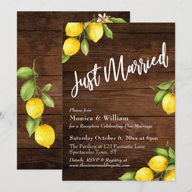 Invitation Citrons à l'aquarelle Juste Mariés sur Bois Rustiq (Devant / Derrière)