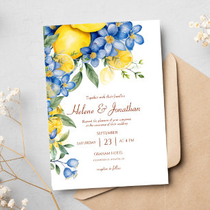 Invitation Citrons Aquarelle Bleu Jaune Mariage élégant