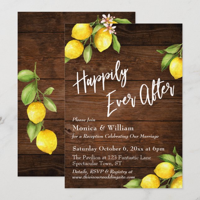 Invitation Citrons Aquarelle Bois Rustique Heureux Pour Toujo (Devant / Derrière)