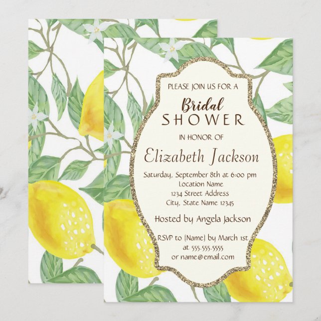 Invitation Citrons aquarelle mignons, cadre paillettes dorées (Devant / Derrière)