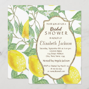 Invitation Citrons aquarelle mignons, cadre paillettes dorées