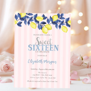Invitation Citrons aquarelle rayures roses Sweet 16