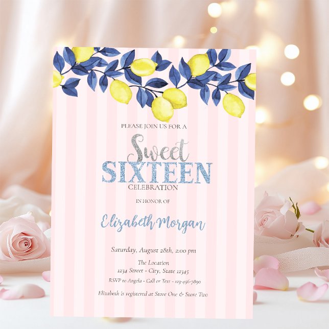 Invitation Citrons aquarelle rayures roses Sweet 16 (Créateur téléchargé)
