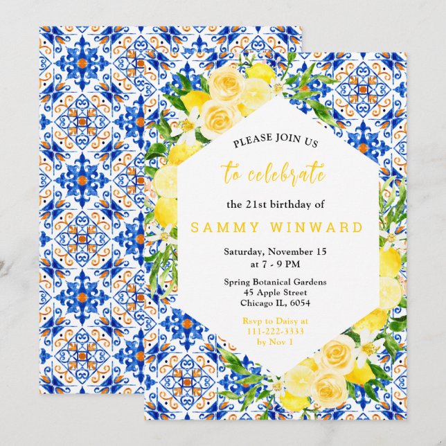 Invitation Citrons avec feuillage Anniversaire méditerranéen (Devant / Derrière)