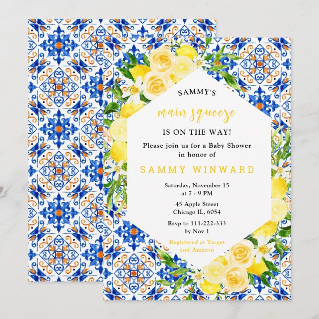 Invitation Citrons avec feuillage Baby Shower Méditerranéen (Devant / Derrière)
