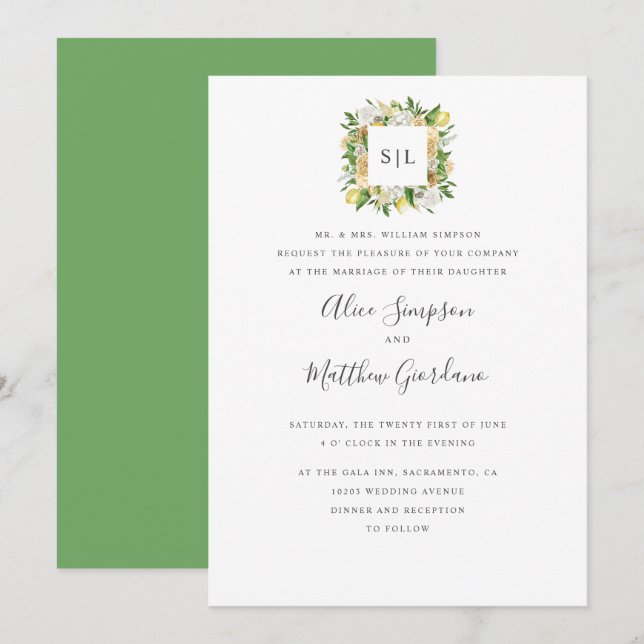 Invitation Citrons Citrus et mariage de monogramme officiel f (Devant / Derrière)