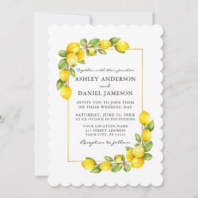 Invitation Citrons d'aquarelle et Mariage de verdure (Devant)