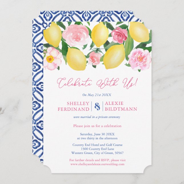 Invitation Citrons de Positano Carreaux Bleus Mariage Récepti (Devant / Derrière)