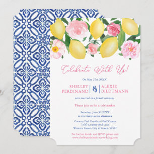 Invitation Citrons de Positano Carreaux Bleus Mariage Récepti