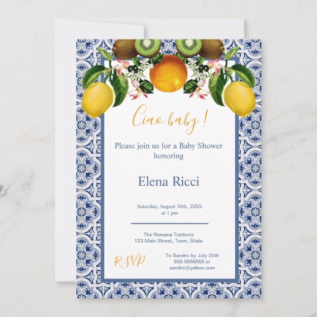 Invitation Citrons d'Italie blanc et bleu Amalfi Baby shower (Devant)
