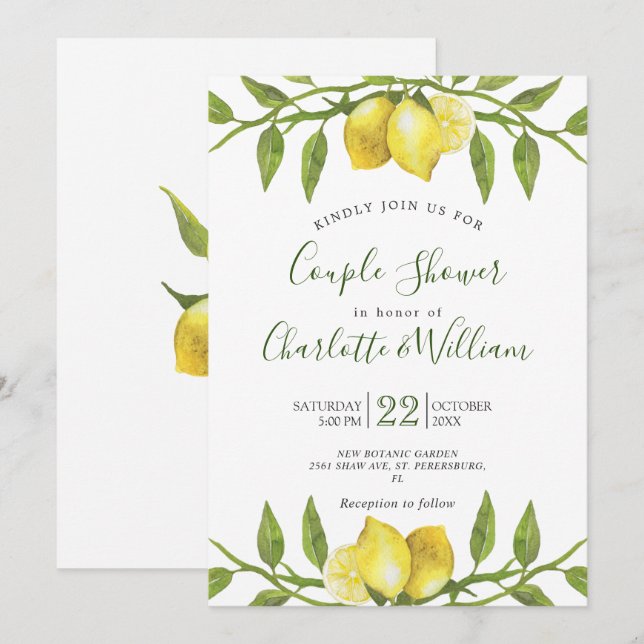Invitation Citrons doux et verdure Aquarelle Couple Douche (Devant / Derrière)