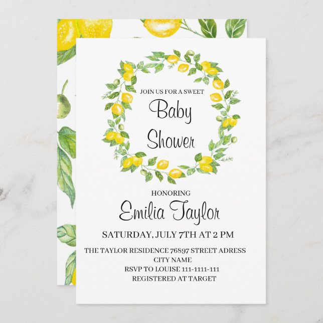 Invitation Citrons en aquarelle pour baby shower (Devant / Derrière)